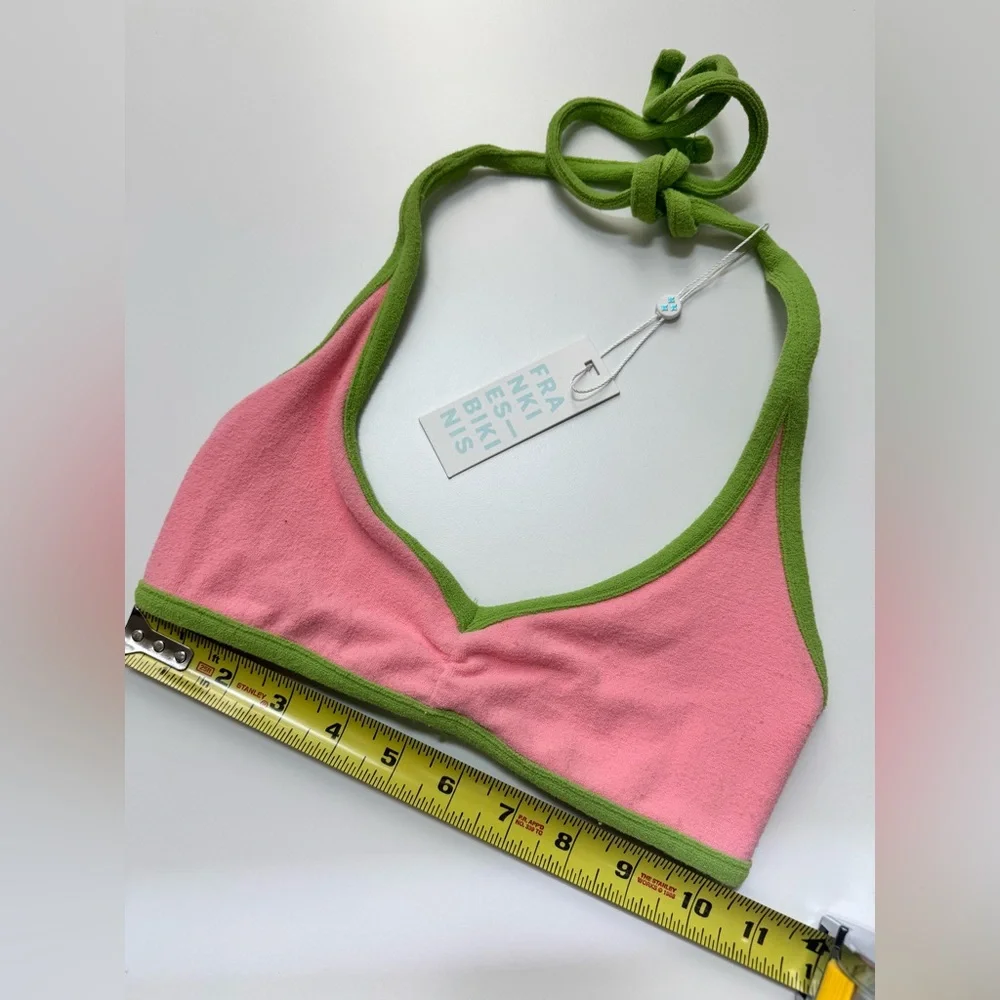 NWT Frankie's Bikinis Sawyer Terry Halter Bikini Top | Pink & Green | XS